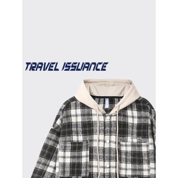 TRAVEL ISSUANCE 埋頭苦幹 慵懶風格子設計感寬松連帽長袖襯衫bf