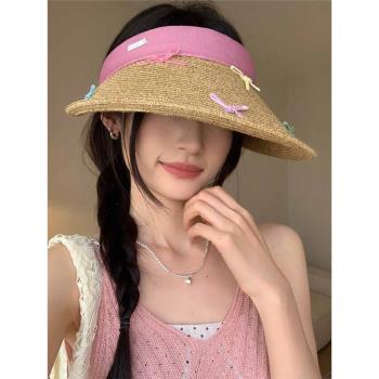 遮陽帽編織女彩色沙灘卷邊草帽