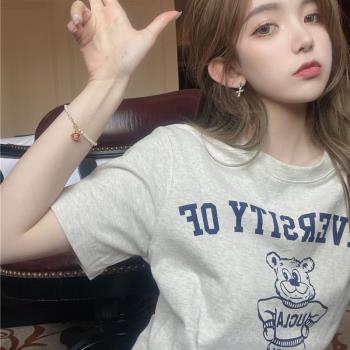 時尚T恤女裝ins潮2022夏季新款韓版短袖寬松小熊卡通印花灰色上衣
