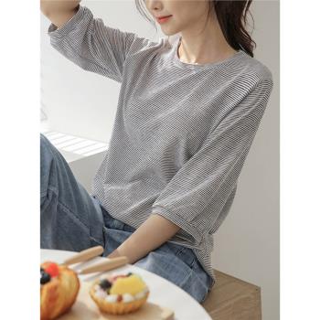 2025新款春夏裝顯瘦寬松五分袖上衣女時尚韓版百搭外穿細條紋短袖