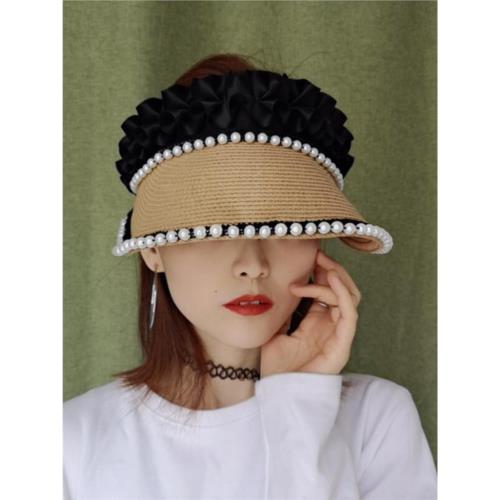 韓版珍珠設計感小眾空頂帽防曬遮陽無頂出游騎車梳馬尾戶外女草編