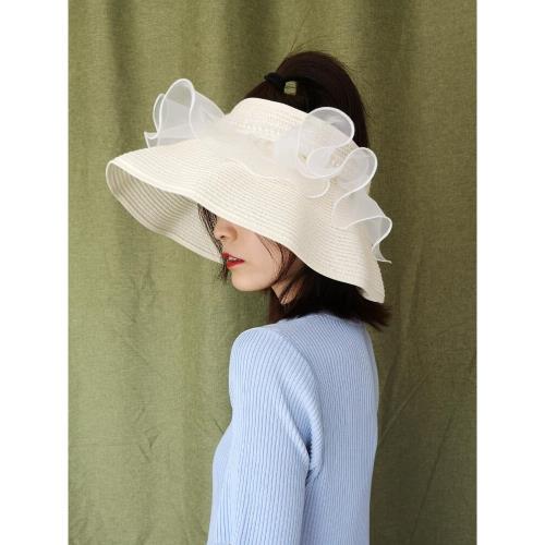 時尚休閑百搭簡約空頂帽無頂遮陽大檐荷葉邊珍珠名媛木耳褶皺女夏