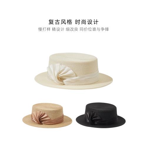 夏天草帽女平頂禮帽短平沿手工花朵復古法式優雅遮陽防曬度假海邊