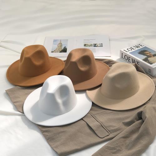 白色法式平頂禮帽女春秋冬夏英倫駝色平沿騎士寬檐毛呢爵士帽子男