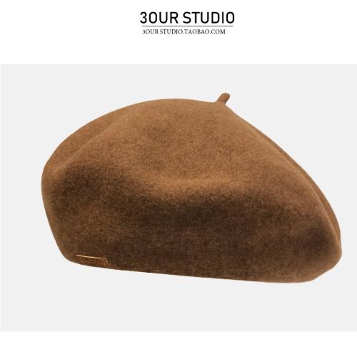 邂逅西班牙咖色羊毛呢畫家帽女秋冬日系精致皮標石原里美貝雷帽子