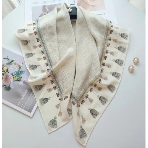 法式優雅流蘇印花真絲雙縐絲圍巾大方巾90cm裝飾桑蠶絲絲巾百搭女