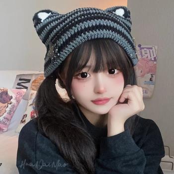 y2k小惡魔條紋針織毛線帽子女帶毛球球貓咪耳朵可愛尖尖帽套頭帽