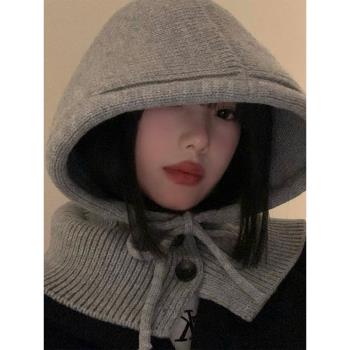 韓系巴拉克拉法帽子圍巾一體女冬季保暖加厚護耳灰色針織毛線帽潮