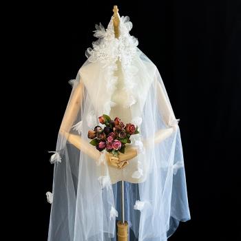新款仙美手工精緻復古花朵蕾絲珍珠法式頭紗新娘婚紗禮服婚禮配飾