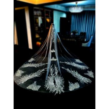 新款新娘結婚主婚紗頭紗高階感重工珠繡拖尾頭紗超仙閃閃珍珠頭紗