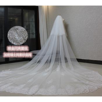 雙層韓式閃亮刺繡蕾絲主婚紗頭紗長款拖尾頭飾新娘婚禮帶遮面紗