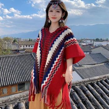 雲南旅遊民族風帶帽披肩女時尚百搭拍照流蘇針織波西米亞披風斗篷