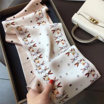 杭州絲綢桑蠶絲絲巾減齡小兔秋季雙層雙面真絲絲巾女領巾飄帶圍巾