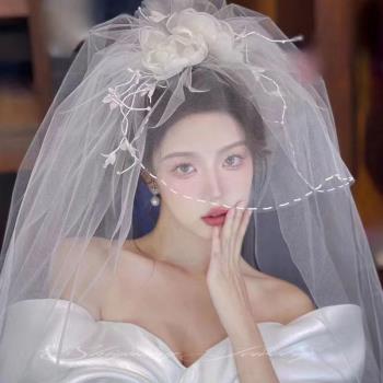 新款時尚手工花朵絹紗雙層頭紗高階感領證新娘結婚旅拍唯美頭飾