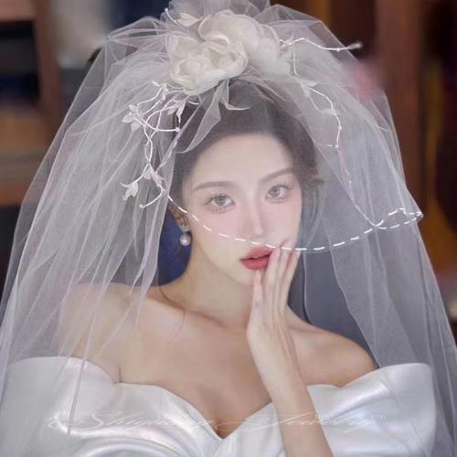 新款時尚手工花朵絹紗雙層頭紗高級感領證新娘結婚旅拍唯美頭飾