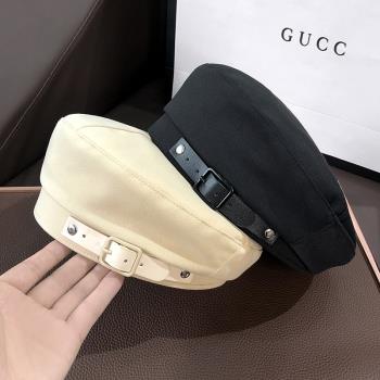 女個性金屬皮帶扣平頂貝雷帽子