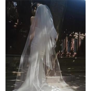 多層蓬蓬新娘結婚頭紗中長款硬紗有發梳攝影外景旅拍跟妝造型頭飾