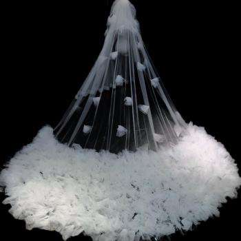 新款重工蕾絲新娘結婚主婚紗高級感白色超長拖尾頭紗珍珠頭飾