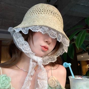 法式蕾絲飄帶鏤空草帽女春夏度假海邊沙灘遮陽防曬帽草編水桶帽子