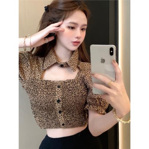 夏裝純欲風chic鏤空性感翻領泡泡袖短款襯衫女高級感小眾別致上衣