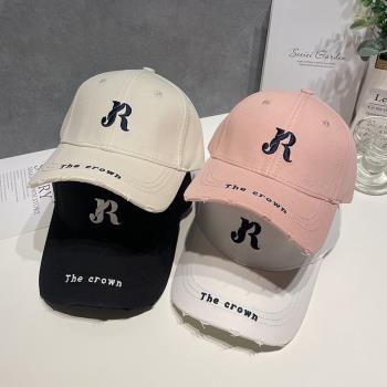 個性R潮流字母刺繡棒球帽男女款時尚磨邊硬頂品質洋氣百搭鴨舌帽