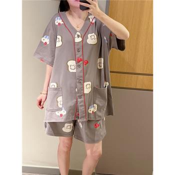 短袖睡衣女夏天薄款純棉甜美V領開衫家居服大碼胖mm200斤短褲套裝