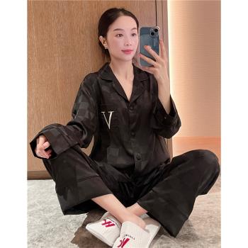 網紅ins長袖情侶睡衣女春秋冰絲方格子翻領家居服寬松大碼套裝