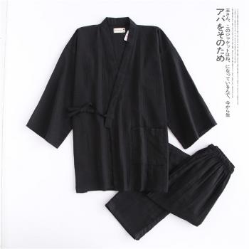 日式睡衣春秋男漢和服棉麻套裝純棉雙層紗布汗蒸服大碼薄款純黑色
