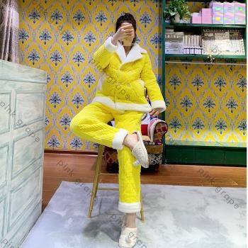 三層夾棉珊瑚絨加厚女睡衣冬季翻領簡約休閑可外穿家居服套裝