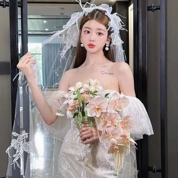 超仙蕾絲羽毛花朵軟邊新娘頭紗頭飾法式復古氣質婚紗結婚跟妝發飾