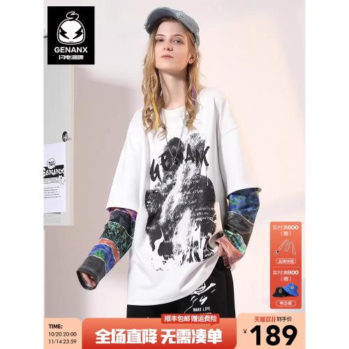 GENANX閃電潮牌情侶衛衣潑墨設計拼接字母印花復古風假兩件上衣男