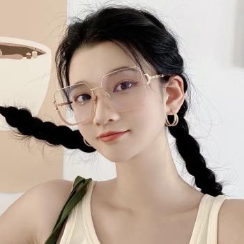 網紅素顏下半框防藍光眼鏡女方形大框茶色平光眼睛架配度數近視男