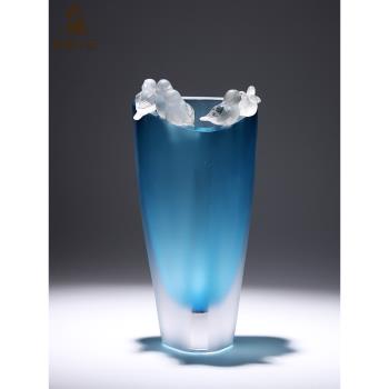 博山高階花瓶琉璃麻雀擺件水晶工藝品客廳餐桌面裝飾擺設喬遷禮物