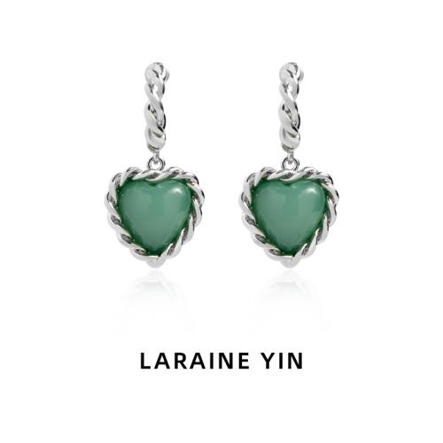 LARAINE YIN法式復古綠色愛心耳環心型ins博主同款耳飾耳夾無耳洞