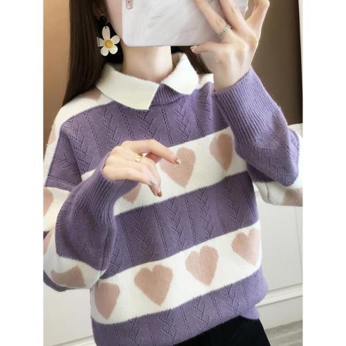 春裝2026年新款娃娃領假兩件上衣女士毛衣秋季保暖內搭打底針織衫