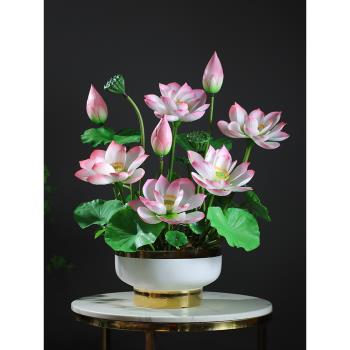 高檔手感荷花仿真花佛堂供佛蓮花新中式客廳插花瓶擺設件假花盆栽