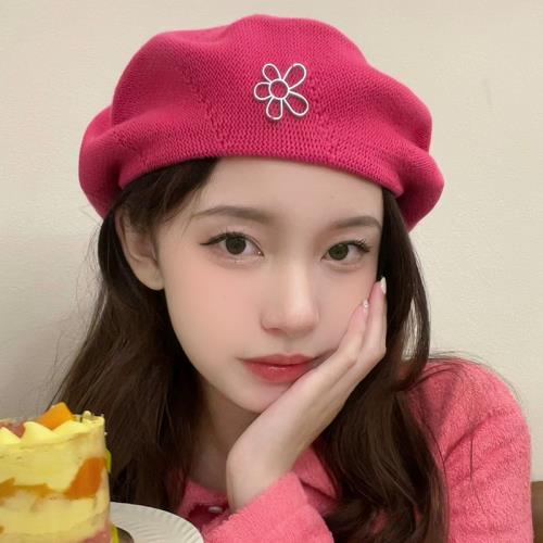日系針織毛線貝雷帽子女秋冬顯臉小玫紅色甜美可愛英倫復古畫家帽