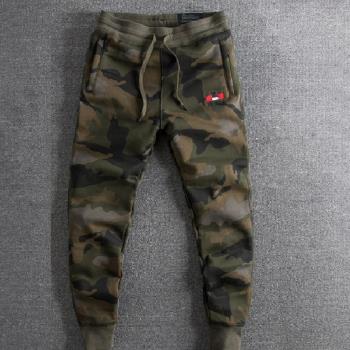衛褲冬季加絨加厚迷彩休閑刺繡