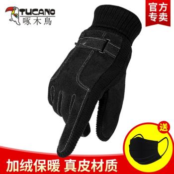 啄木鳥真皮手套男士防風防寒冬天保暖加厚加絨觸屏騎行摩托車手套