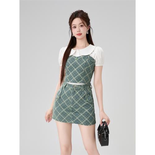 凡兔格子包臀裙套裝女夏季2025新款法式吊帶背心上衣短裙兩件套