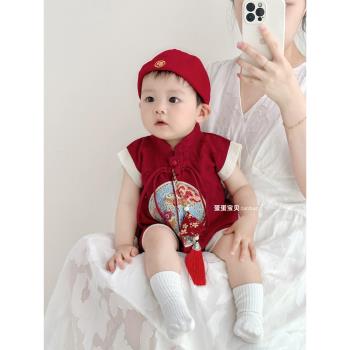 中式男寶寶夏裝連體唐裝嬰兒衣服滿月百天一週歲禮服夏季夏天薄款