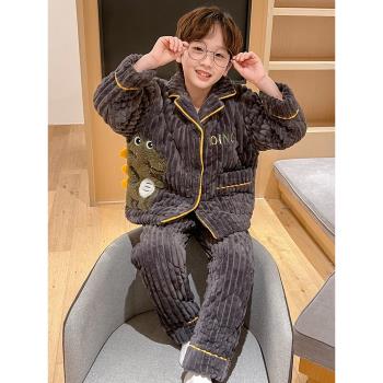 兒童睡衣男童秋冬季2024新款珊瑚絨三層夾棉加絨加厚款男孩家居服