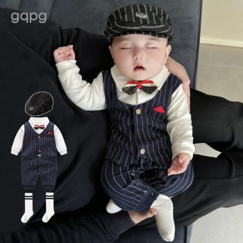 寶寶連體衣春秋冬裝嬰兒百天滿月外出服一週歲禮服男紳士哈衣爬服