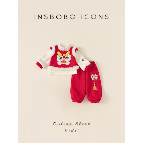 兒童漢服拜年服女童過年喜慶漢服男童唐裝新年周歲禮服男寶寶年衣