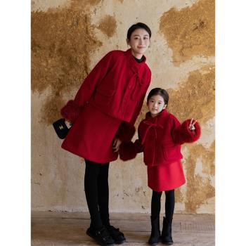 過年親子裝冬季新款母女裝紅色加厚毛呢外套背心裙兩件套拜年服潮