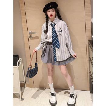 女童學院風JK套裝百褶裙2024春秋裝兒童半身裙子領帶長袖條紋襯衫