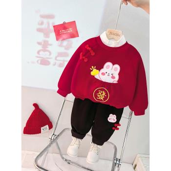 女寶寶紅色加絨套裝洋氣兒童新年衣服嬰兒紅色小童裝周歲女童冬裝