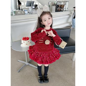 套裝秋冬季紅色tutu裙女寶寶毛衣