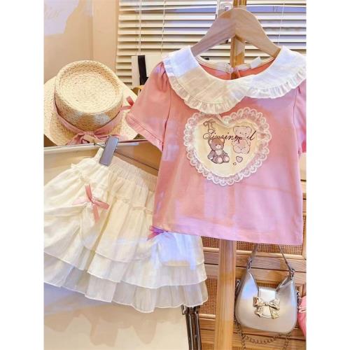 女童短袖套裝2025夏季新款娃娃領白色T恤女寶寶白色蛋糕裙百褶裙