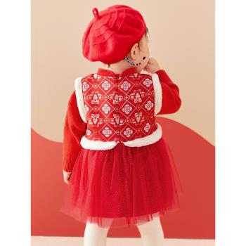 巴拉巴拉嬰兒連衣裙2024新款女童中式旗袍裙子寶寶新年季背心裙萌